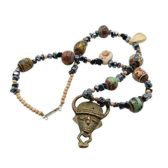 African-Inspired Brass Tribal Mask Pendant Necklace with Ceramic & Stone Beads - Picture 2 of 4